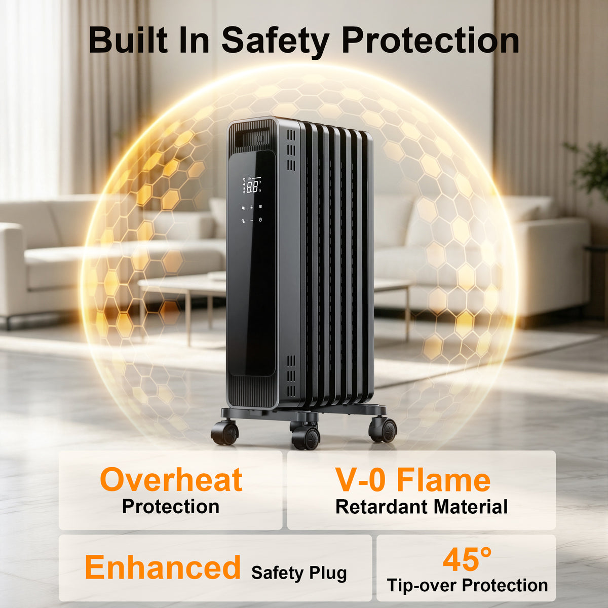 Oil Filled Radiator Heater, 1500W Space Heater Large Room, Electric Heater for Indoor Use, Office with Thermostat, 0dB, 24H Timer, Energy Saving