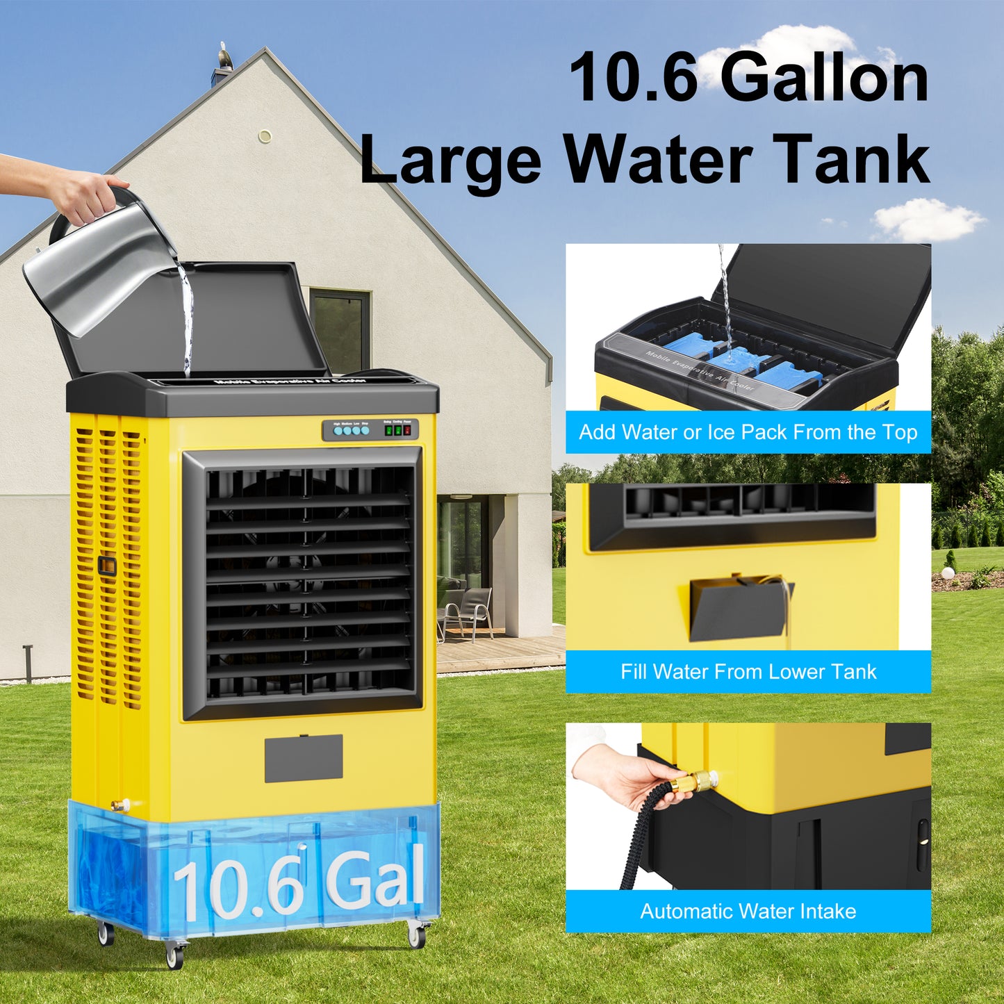 AKIRES 4800CFM Swamp Cooler,Evaporative Air Cooler for 970Sq.ft of Space,with Continuous Auto Fill,10-Gal Water Tank,120°Oscillation,3 Ice Packs,Cooling Fan for Outdoor,IndoorYellow(38IN )