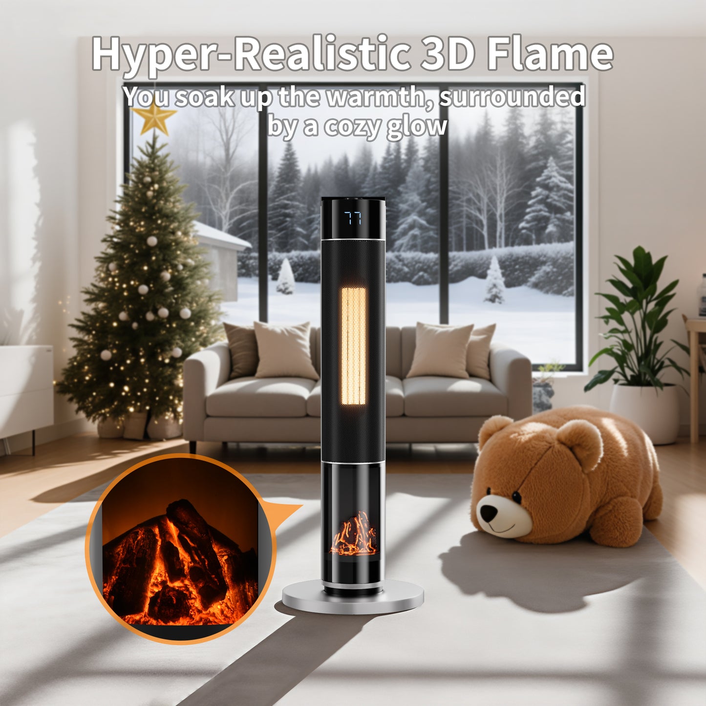 34" Space Heater for Indoor Use, 1500W Electric Heater Large Room with Remote, Timer, ECO Mode, Safety Protection for Bedroom (Silver)