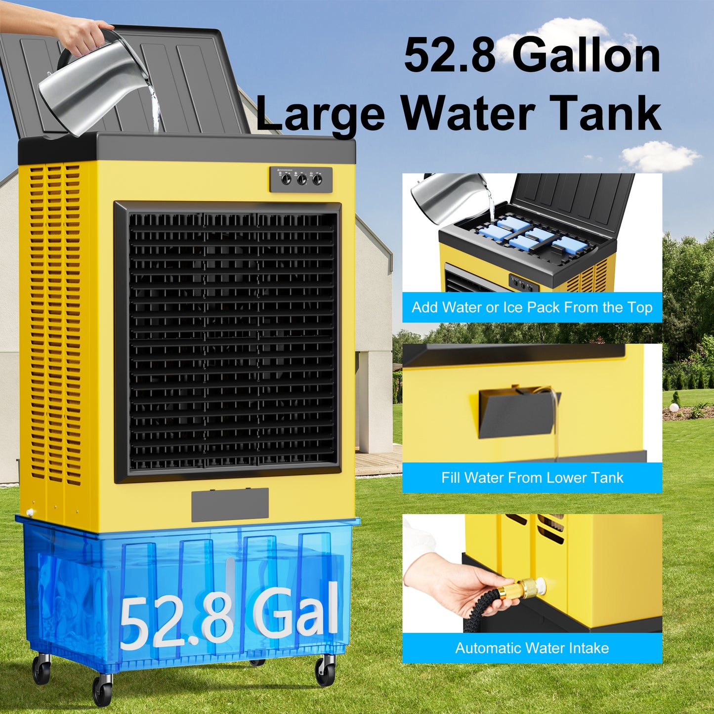 AKIRES 14715CFM Swamp Coolers,Evaporative Air Cooler for 2800Sq.ft of Space,with Continuous Auto Fill,53-Gal Water Tank,120°Oscillation,5 Ice Packs,Cooling Fan for Outdoor,Indoor Yellow(71IN)