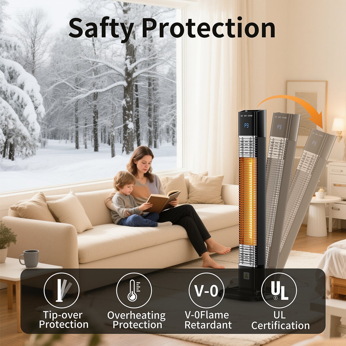 Electric Outdoor Patio Heater, 34" Infrared Heater with Remote, 3 Heat Levels, Tip-Over&Overheat Protection for Garage, Indoor, Large Room, Backyard