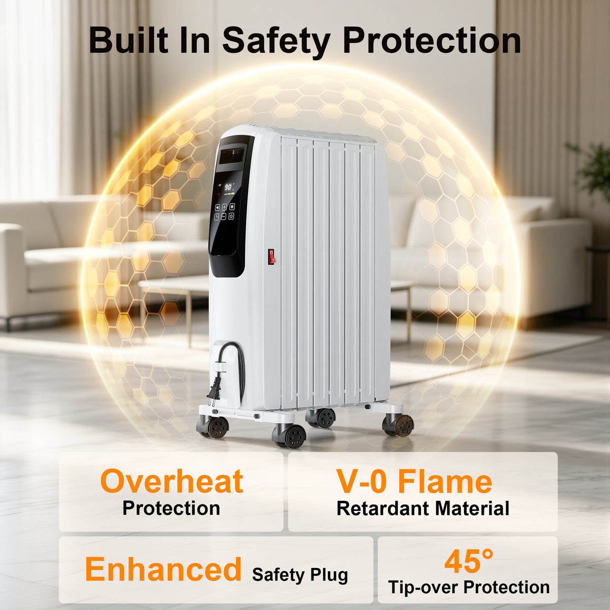 Oil Filled Radiator Heater, Space Heater Large Room, Electric Heater for Indoor Use, Office with Thermostat, 0dB, 24H Timer, Energy Saving(White)