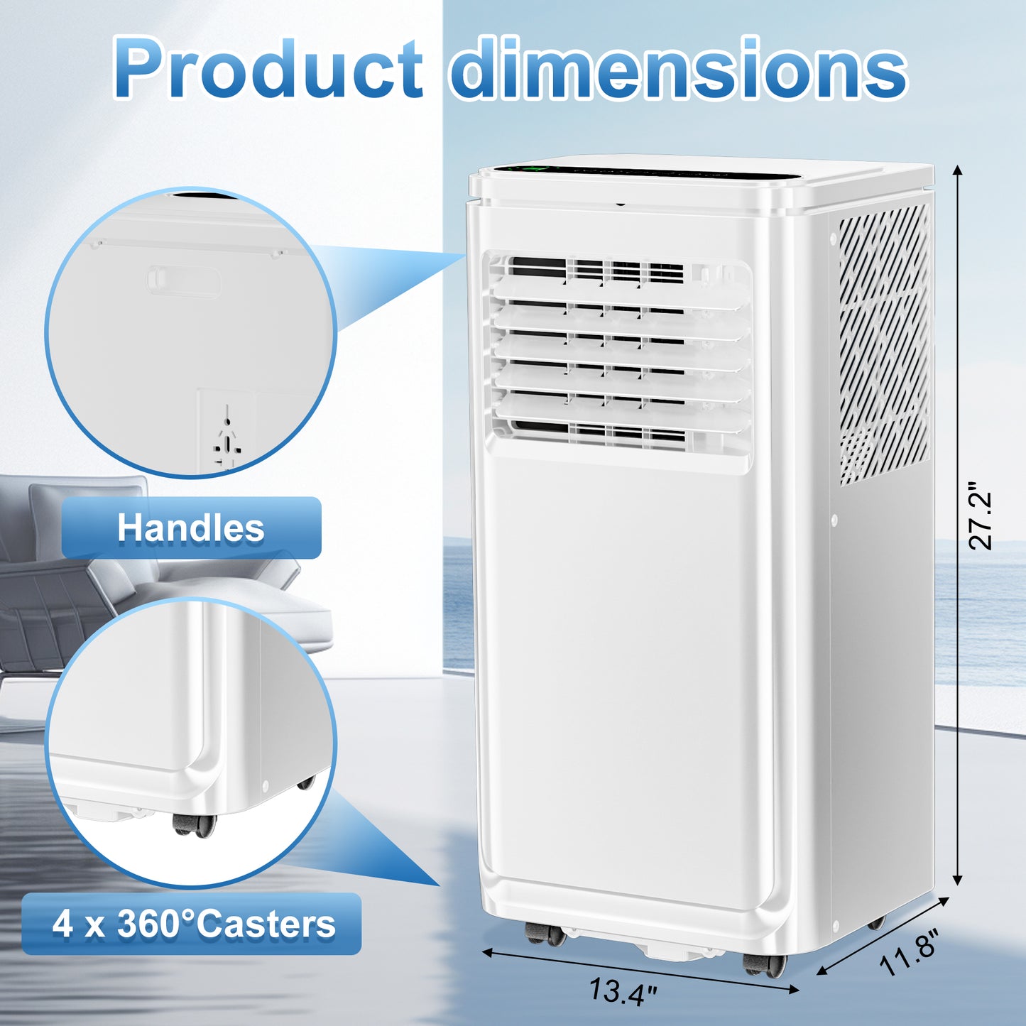 Portable Air Conditioner 10000 BTU Ashrae, 3-in-1 AC Unit for Room with Dehumidifier/Fan/Sleep Modes, 450 Sq.Ft, Remote Control, 24H Timer