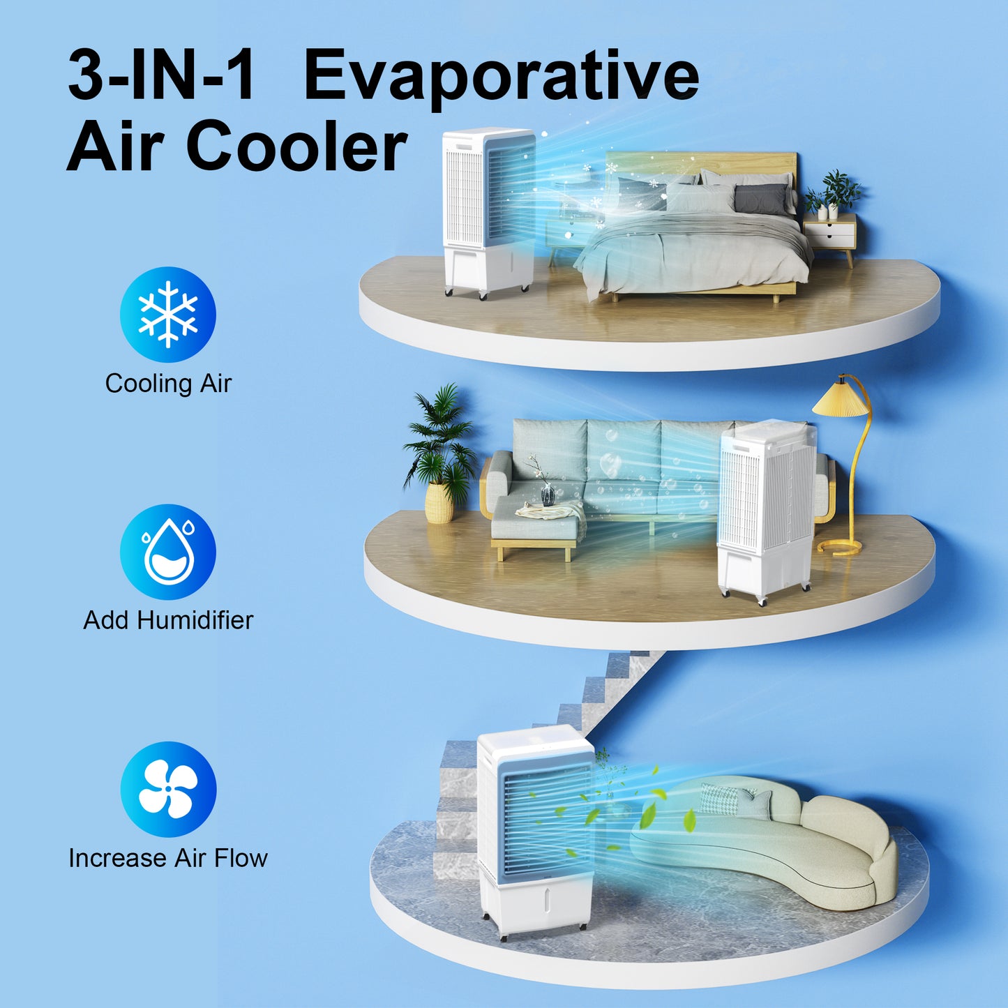Swamp Cooler, 6000CFM Evaporative Air Cooler with 13.5-Gal Water Tank, Evaporative Cooler with Water Level Alarm, 3 Speeds, 12H Timer, Air Cooler for Indoor Outdoor Patio Garage Use(48IN)
