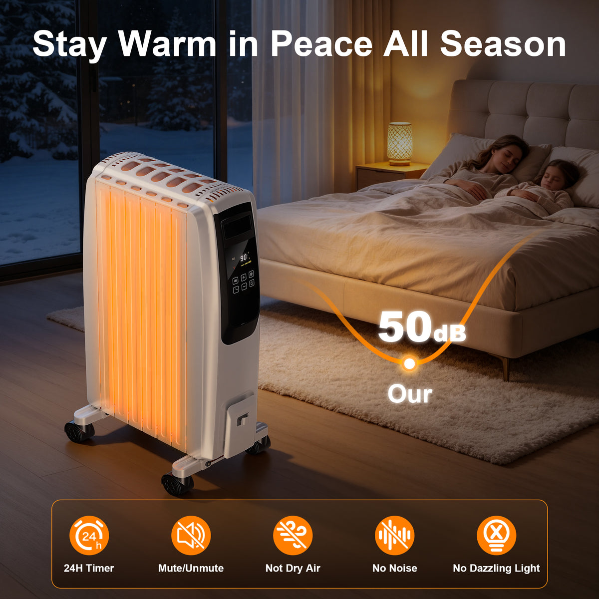 Oil Filled Radiator Heater, Space Heater Large Room, Electric Heater for Indoor Use, Office with Thermostat, 0dB, 24H Timer, Energy Saving(White)