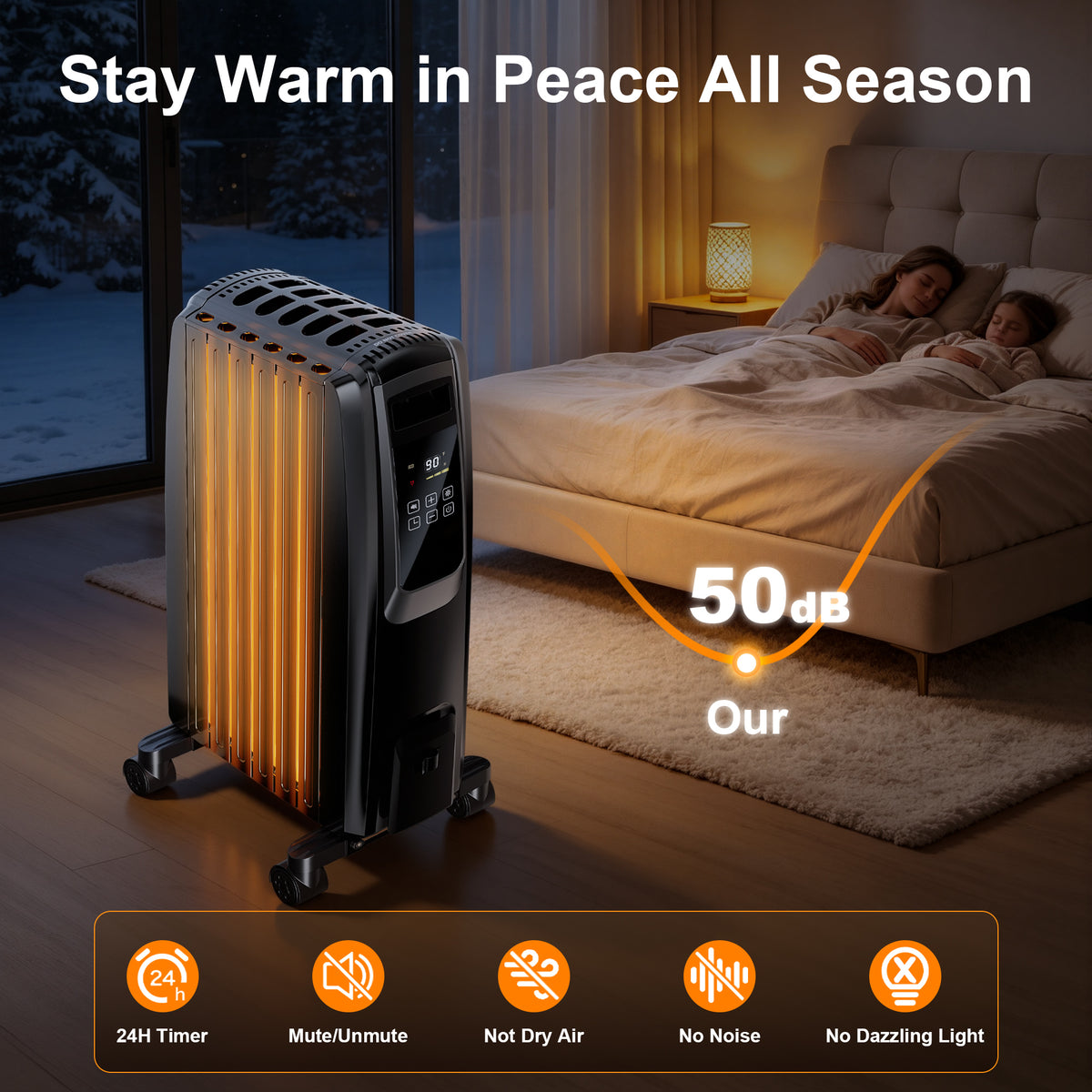 Oil Filled Radiator Heater, Space Heater Large Room, Electric Heater for Indoor Use, Office with Thermostat, 0dB, 24H Timer, Energy Saving(Black)