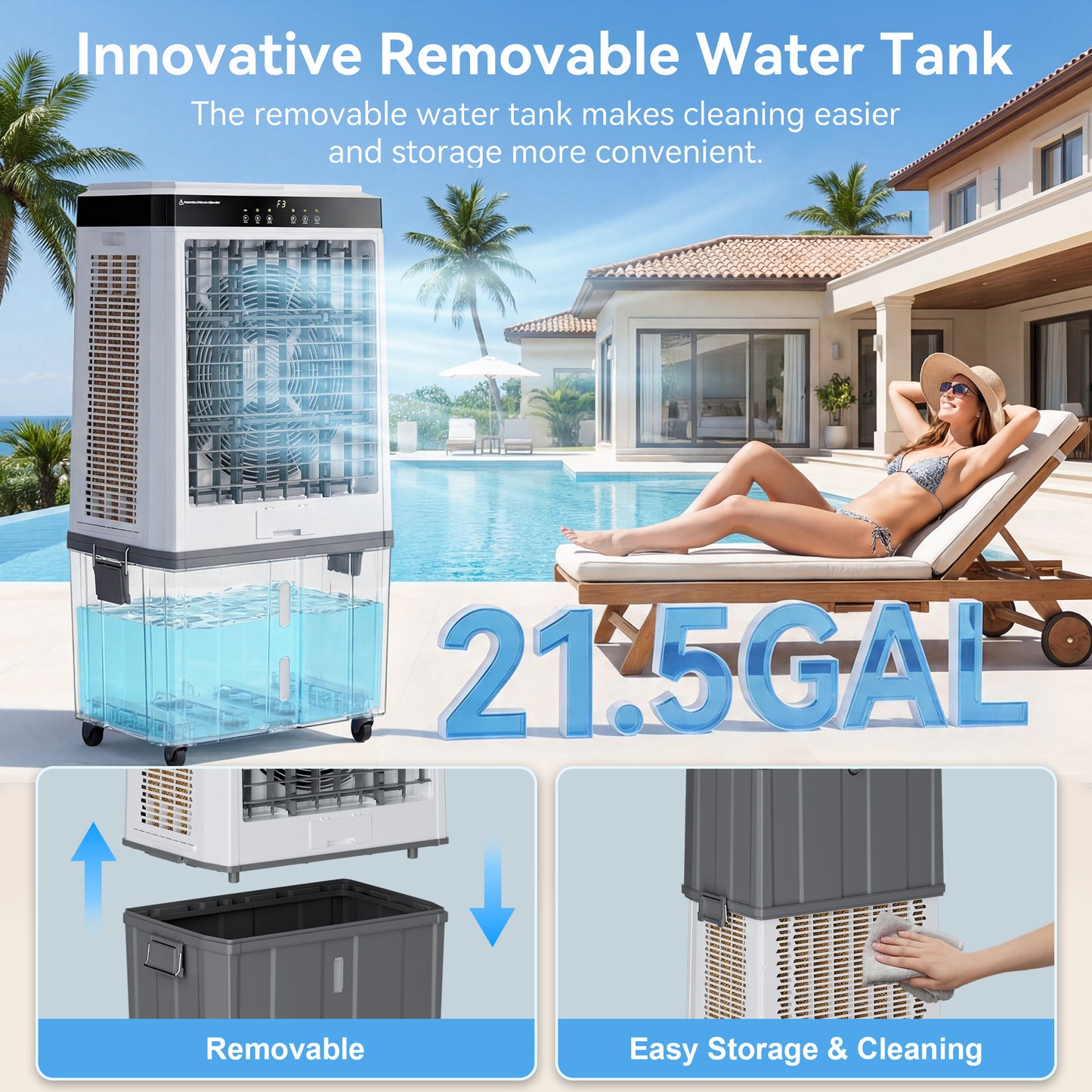 Swamp Cooler, 6288CFM Evaporative Air Cooler with 21.5-Gal Water Tank, Evaporative Cooler with 3 Speeds, 12H Timer, 120°Oscillation, Air Cooler for Indoor Outdoor Patio Garage Use(48IN)