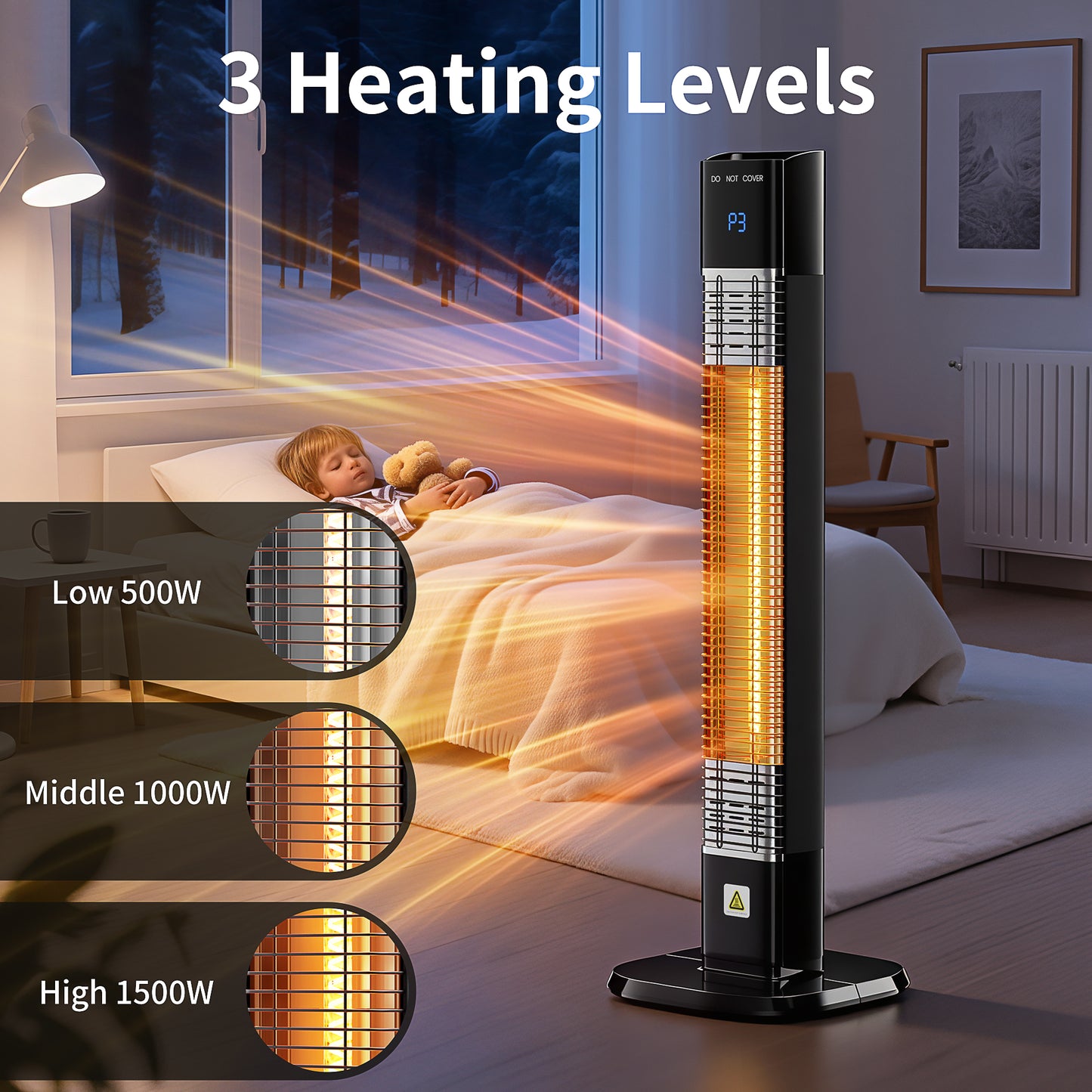 Electric Outdoor Patio Heater, 34" Infrared Heater with Remote, 3 Heat Levels, Tip-Over&Overheat Protection for Garage, Indoor, Large Room, Backyard