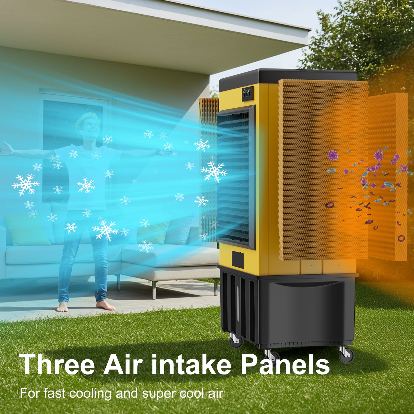 AKIRES 14715CFM Swamp Coolers,Evaporative Air Cooler for 2800Sq.ft of Space,with Continuous Auto Fill,53-Gal Water Tank,120°Oscillation,5 Ice Packs,Cooling Fan for Outdoor,Indoor Yellow(71IN)