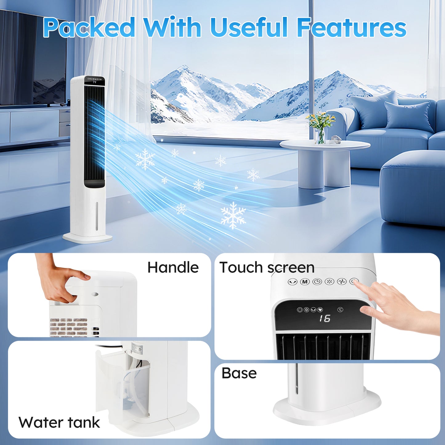 Evaporative Air Cooler 41", Windowless Portable Air Conditioners, Oscillating Fan Portable Air Cooling Unit with Remote, 3 Modes, 12H Timer
