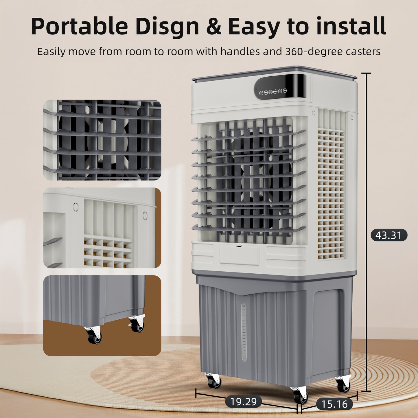 43IN 3600CFM Swamp Cooler Air Conditioner,Evaporative Air Cooler with 13.5-Gal Water Tank,4 Ice Packs,Portable Evaporative Cooler for Outdoor Patio Garage