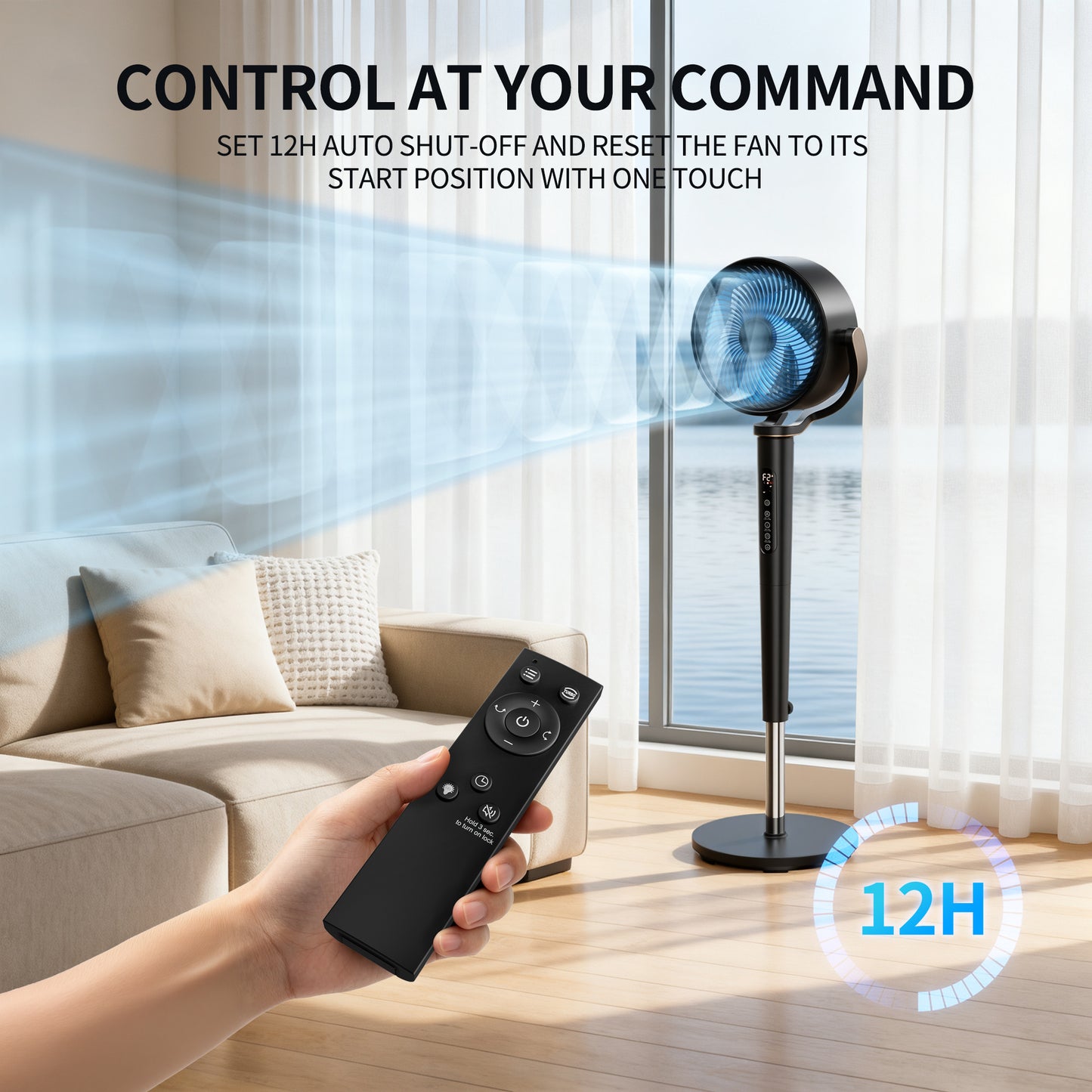 Akires Fan for Bedroom, 120°+120° Oscillating Standing Fan, Air Circulator Fan with Remote, Quiet, 4 Modes, 16 Speeds