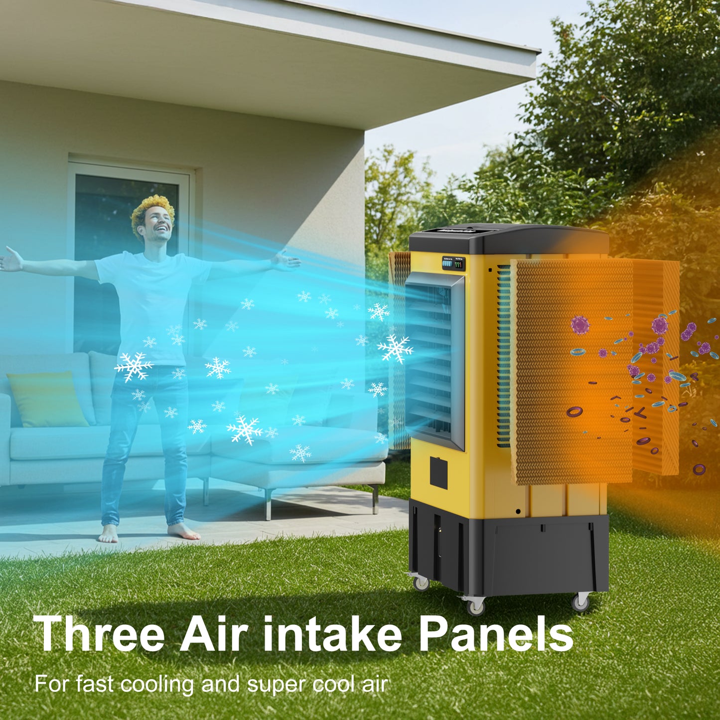 AKIRES 4800CFM Swamp Cooler,Evaporative Air Cooler for 970Sq.ft of Space,with Continuous Auto Fill,10-Gal Water Tank,120°Oscillation,3 Ice Packs,Cooling Fan for Outdoor,IndoorYellow(38IN )