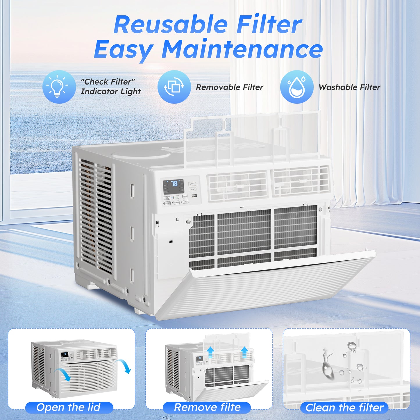 Window Air Conditioner 8000 BTU, Window AC Units up to 350 Sq.ft, Remote, 6 Modes, 24 Timer