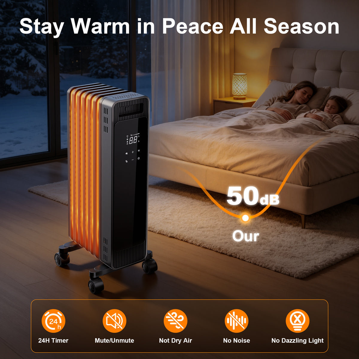 Oil Filled Radiator Heater, 1500W Space Heater Large Room, Electric Heater for Indoor Use, Office with Thermostat, 0dB, 24H Timer, Energy Saving