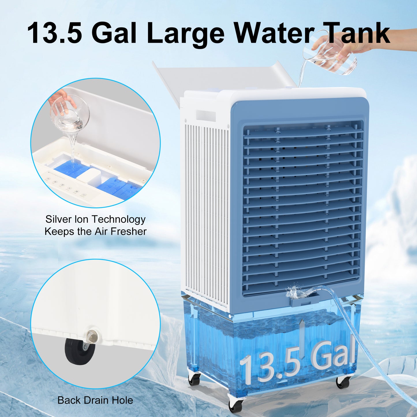 Swamp Cooler, 6000CFM Evaporative Air Cooler with 13.5-Gal Water Tank, Evaporative Cooler with Water Level Alarm, 3 Speeds, 12H Timer, Air Cooler for Indoor Outdoor Patio Garage Use(48IN)