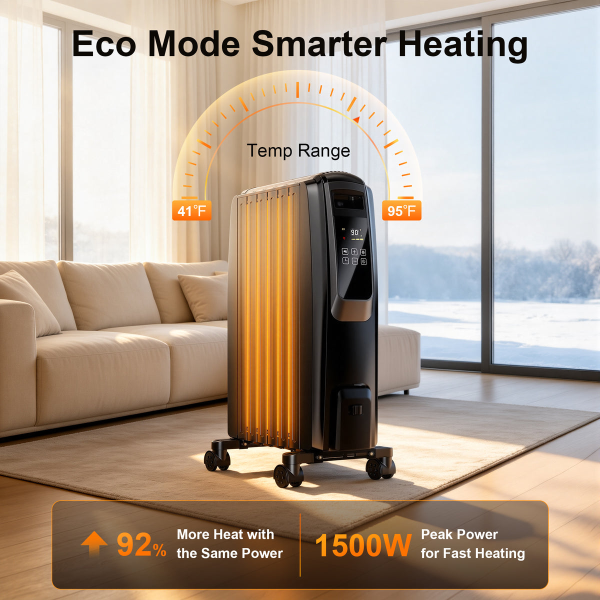 Oil Filled Radiator Heater, Space Heater Large Room, Electric Heater for Indoor Use, Office with Thermostat, 0dB, 24H Timer, Energy Saving(Black)