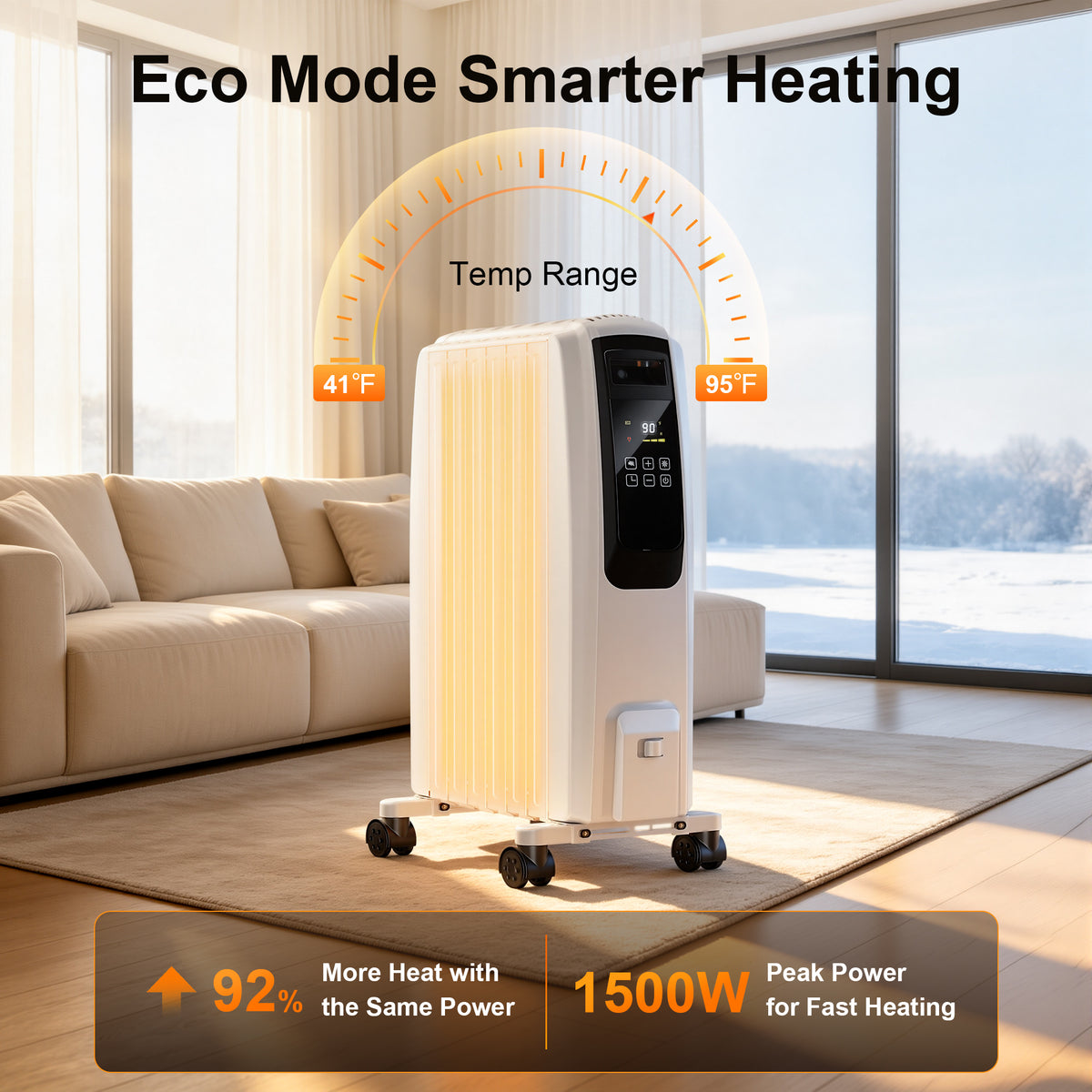 Oil Filled Radiator Heater, Space Heater Large Room, Electric Heater for Indoor Use, Office with Thermostat, 0dB, 24H Timer, Energy Saving(White)