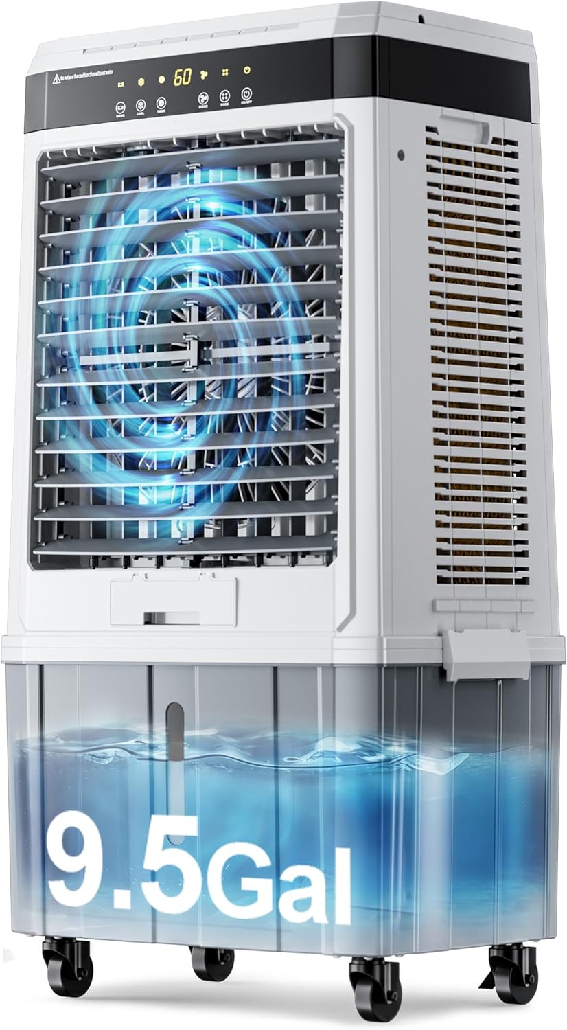 AKIRES Swamp Cooler,Evaporative Air Cooler with 9.5Gal Detachable Water Tank,Ice Packs,12H Timer,Portable Cooling Tower Fan for Indoor Room