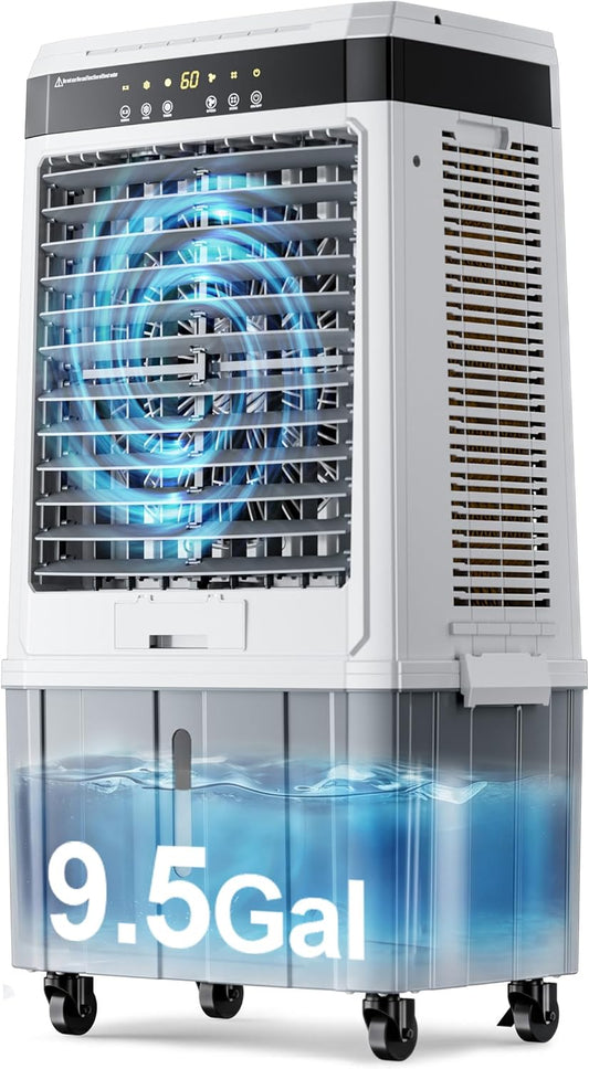AKIRES Swamp Cooler,Evaporative Air Cooler with 9.5Gal Detachable Water Tank,Ice Packs,12H Timer,Portable Cooling Tower Fan for Indoor Room
