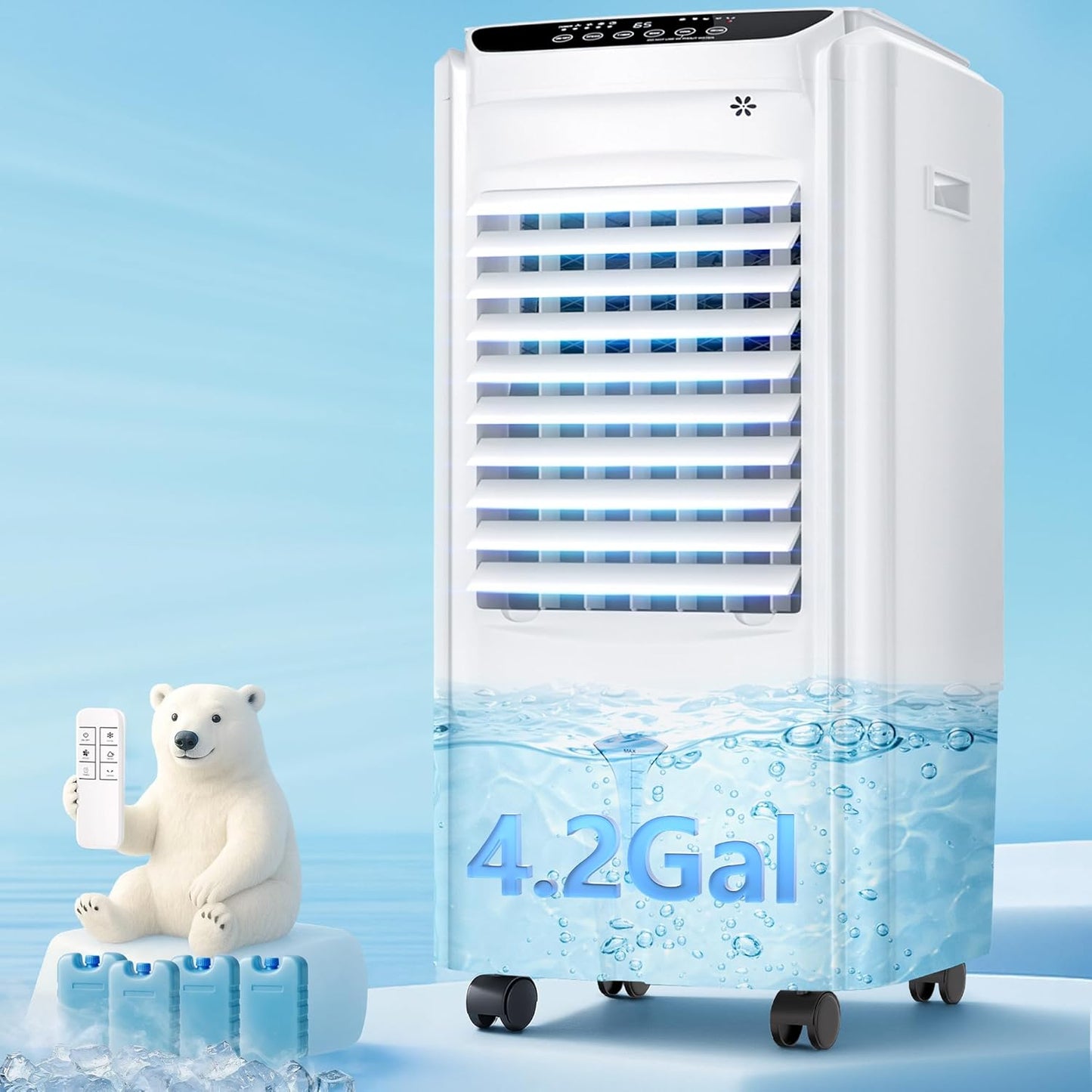 AKIRES 3-IN-1 Swamp Cooler, Evaporative Air Cooler with 4.2-Gal Tank & 4 Ice Packs, Windowless Portable Air Conditioner with Remote, 12H Timer, Ventless AC Unit for Indoor Outdoor Bedroom Office,32IN