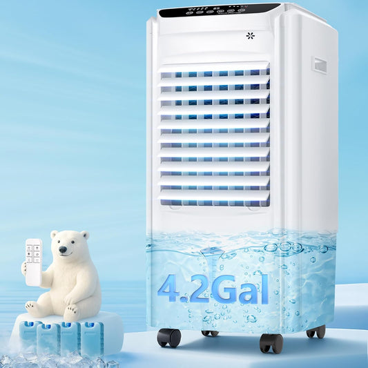 AKIRES 3-IN-1 Swamp Cooler, Evaporative Air Cooler with 4.2-Gal Tank & 4 Ice Packs, Windowless Portable Air Conditioner with Remote, 12H Timer, Ventless AC Unit for Indoor Outdoor Bedroom Office,32IN