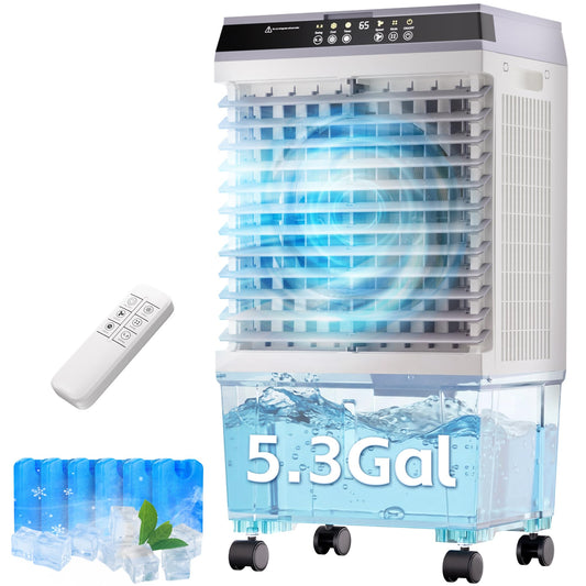 AKIRES 1850CFM Swamp Cooler,3-IN-1 Evaporative Air Cooler with 5.5 Gal Water Tank,6 Ice Packs,Evaporative Cooler with 12H Timer,2 Modes,3 Speeds,120°Oscillation，Cooling Fan for Indoor,Outdoor(32IN)