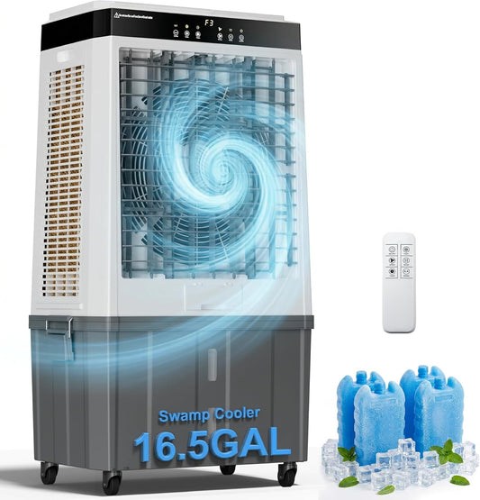 45" Large Swamp Cooler,5100 CFM Evaporative Air Cooler,16.5 Gal Water Tank Portable Air Cooler,120°Oscillation with Remote Control,12H Timer,3 Modes & Wind Speeds for Outdoor Indoor Use,Black