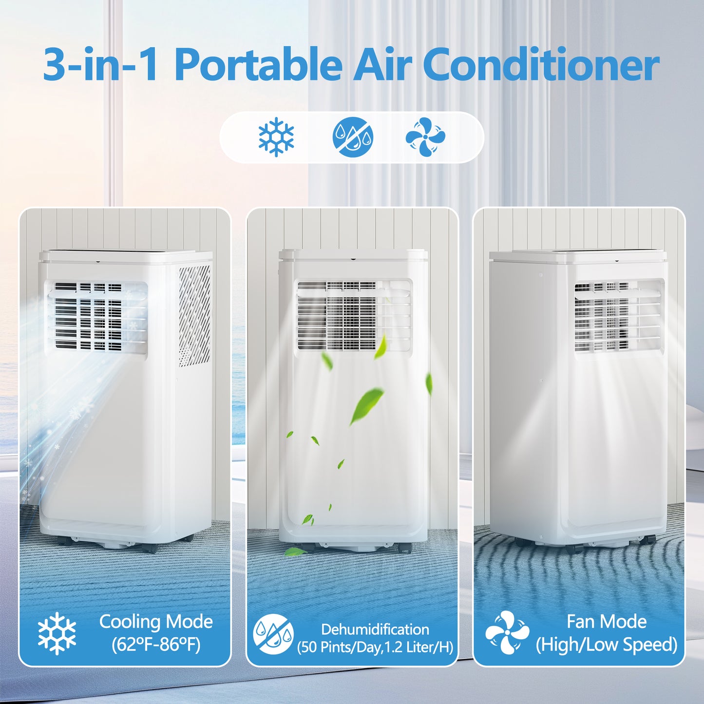 Portable Air Conditioner 10000 BTU Ashrae, 3-in-1 AC Unit for Room with Dehumidifier/Fan/Sleep Modes, 450 Sq.Ft, Remote Control, 24H Timer