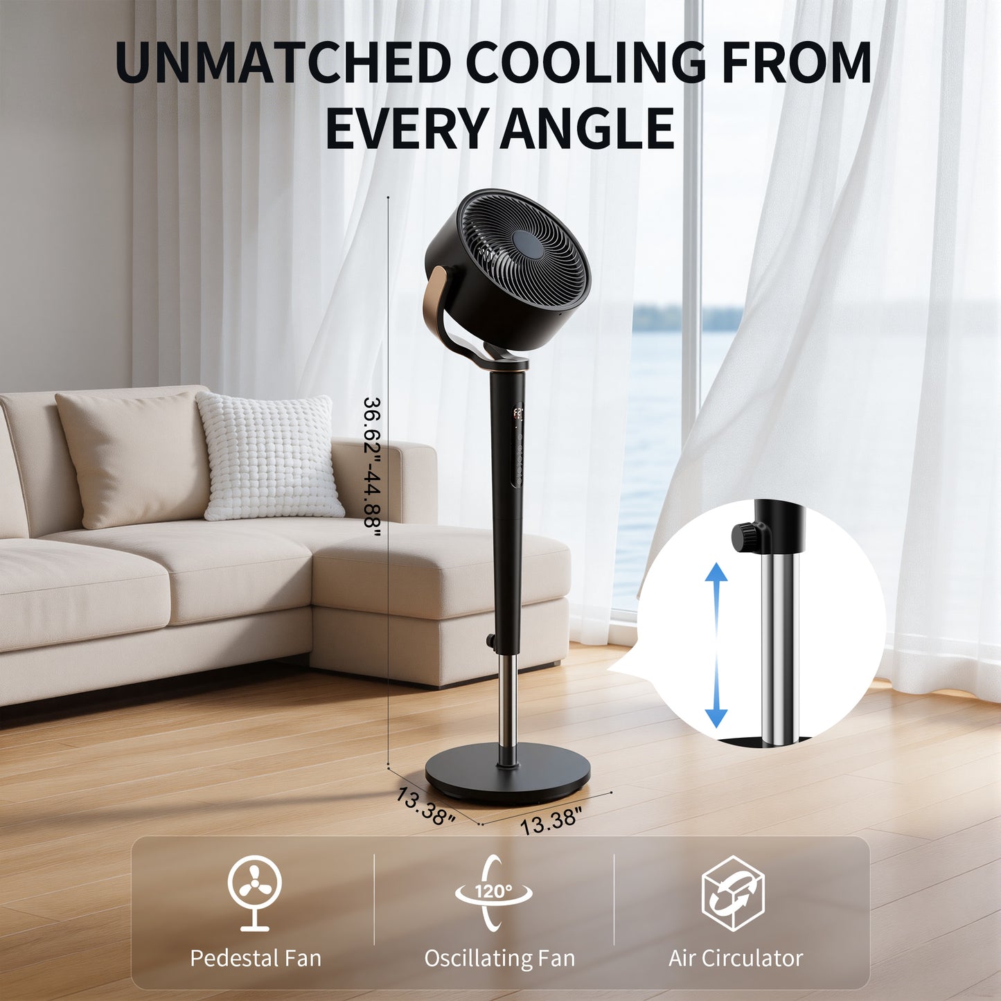 Akires Fan for Bedroom, 120°+120° Oscillating Standing Fan, Air Circulator Fan with Remote, Quiet, 4 Modes, 16 Speeds