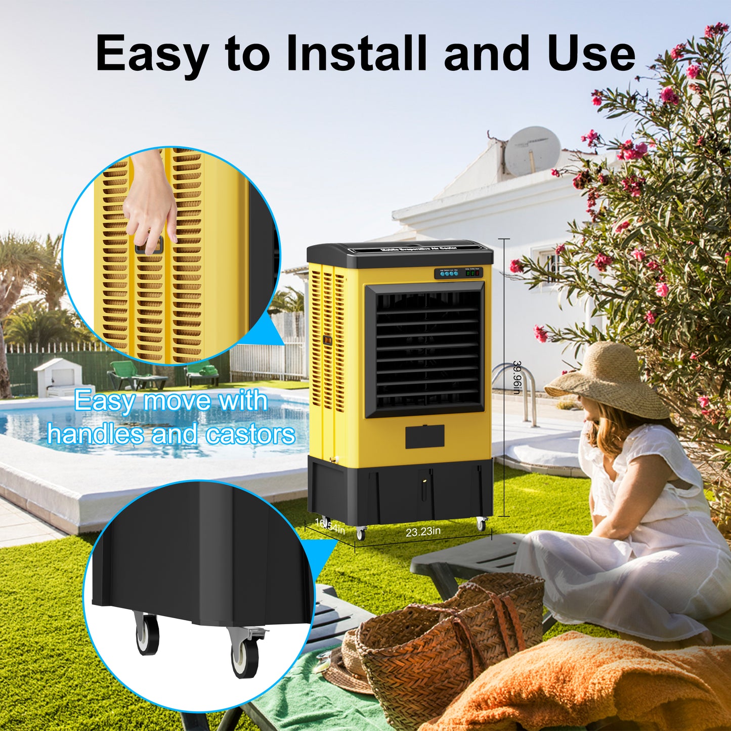 AKIRES 4800CFM Swamp Cooler,Evaporative Air Cooler for 970Sq.ft of Space,with Continuous Auto Fill,10-Gal Water Tank,120°Oscillation,3 Ice Packs,Cooling Fan for Outdoor,IndoorYellow(38IN )