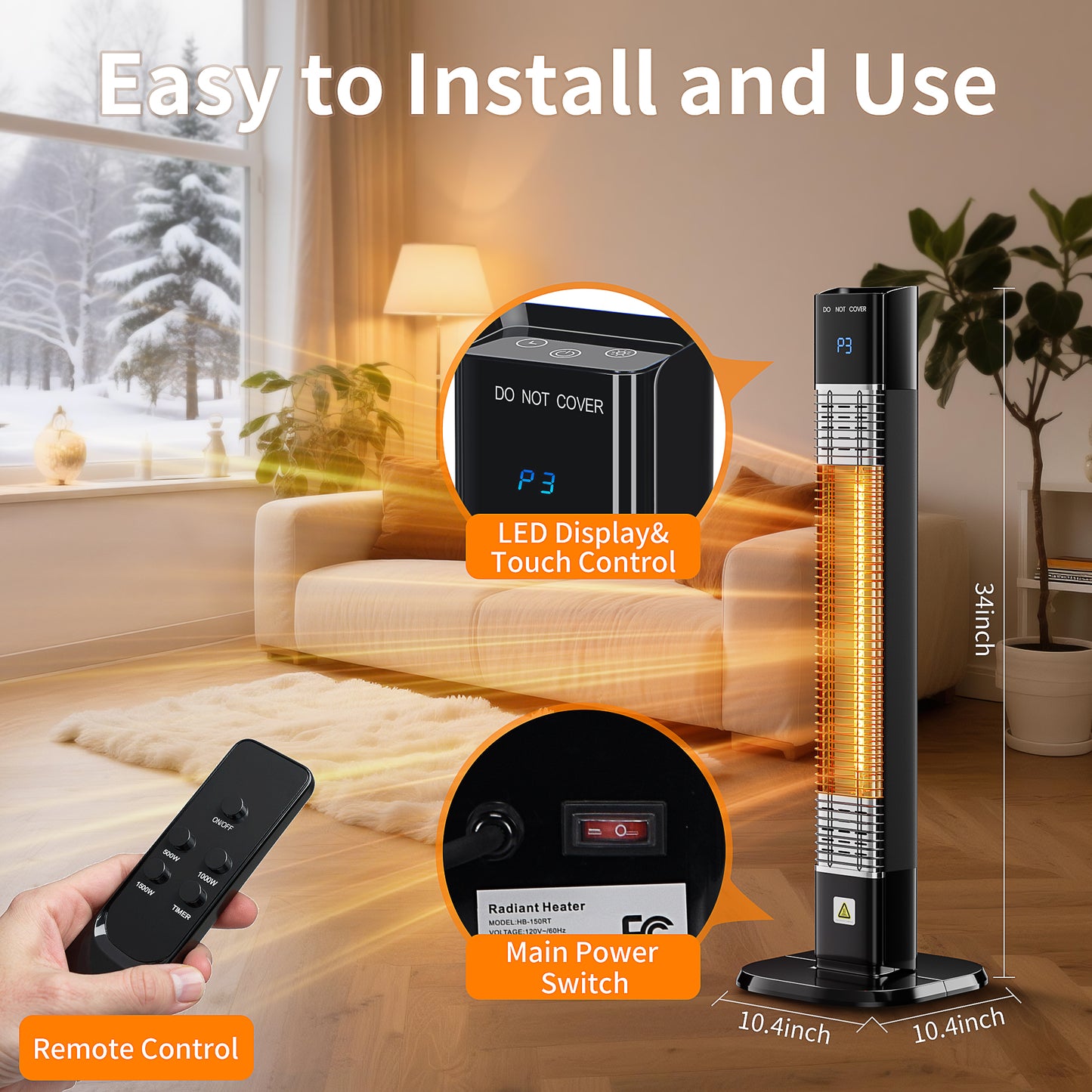 Electric Outdoor Patio Heater, 34" Infrared Heater with Remote, 3 Heat Levels, Tip-Over&Overheat Protection for Garage, Indoor, Large Room, Backyard