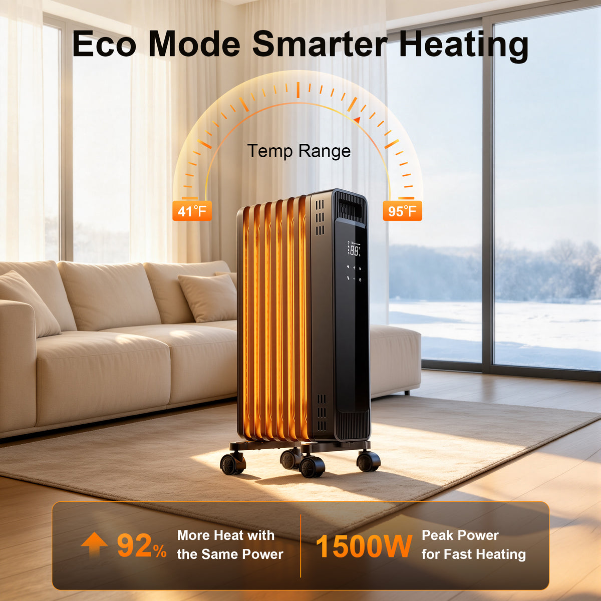 Oil Filled Radiator Heater, 1500W Space Heater Large Room, Electric Heater for Indoor Use, Office with Thermostat, 0dB, 24H Timer, Energy Saving