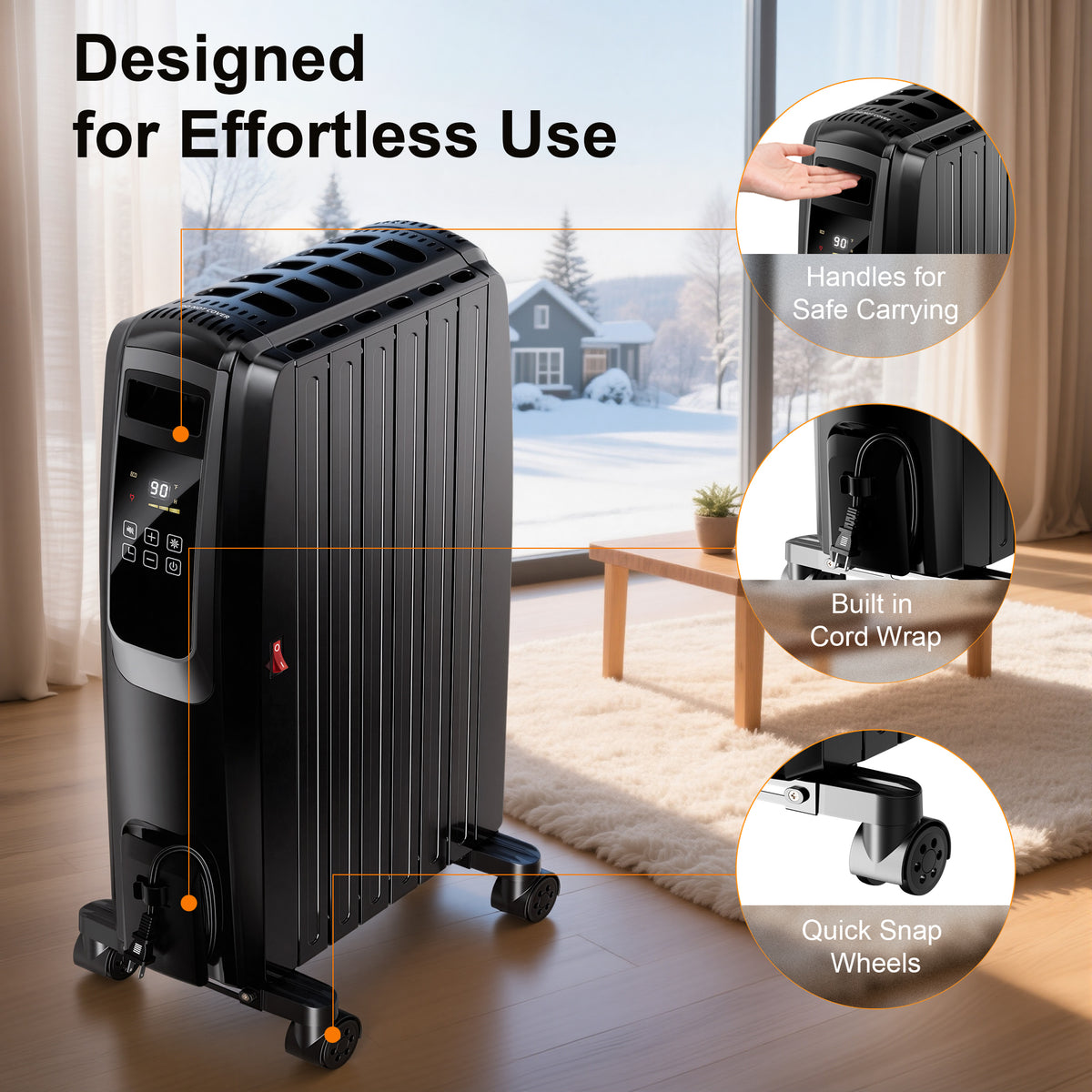 Oil Filled Radiator Heater, Space Heater Large Room, Electric Heater for Indoor Use, Office with Thermostat, 0dB, 24H Timer, Energy Saving(Black)