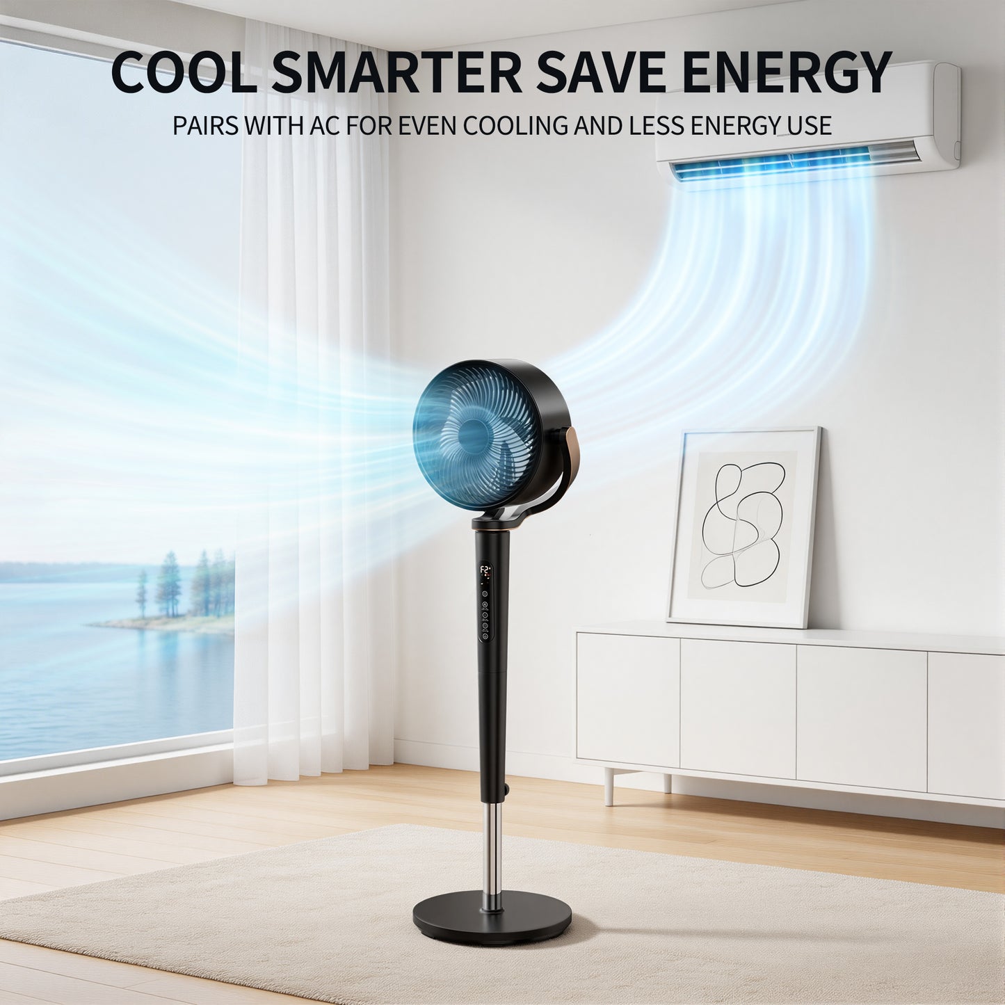 Akires Fan for Bedroom, 120°+120° Oscillating Standing Fan, Air Circulator Fan with Remote, Quiet, 4 Modes, 16 Speeds