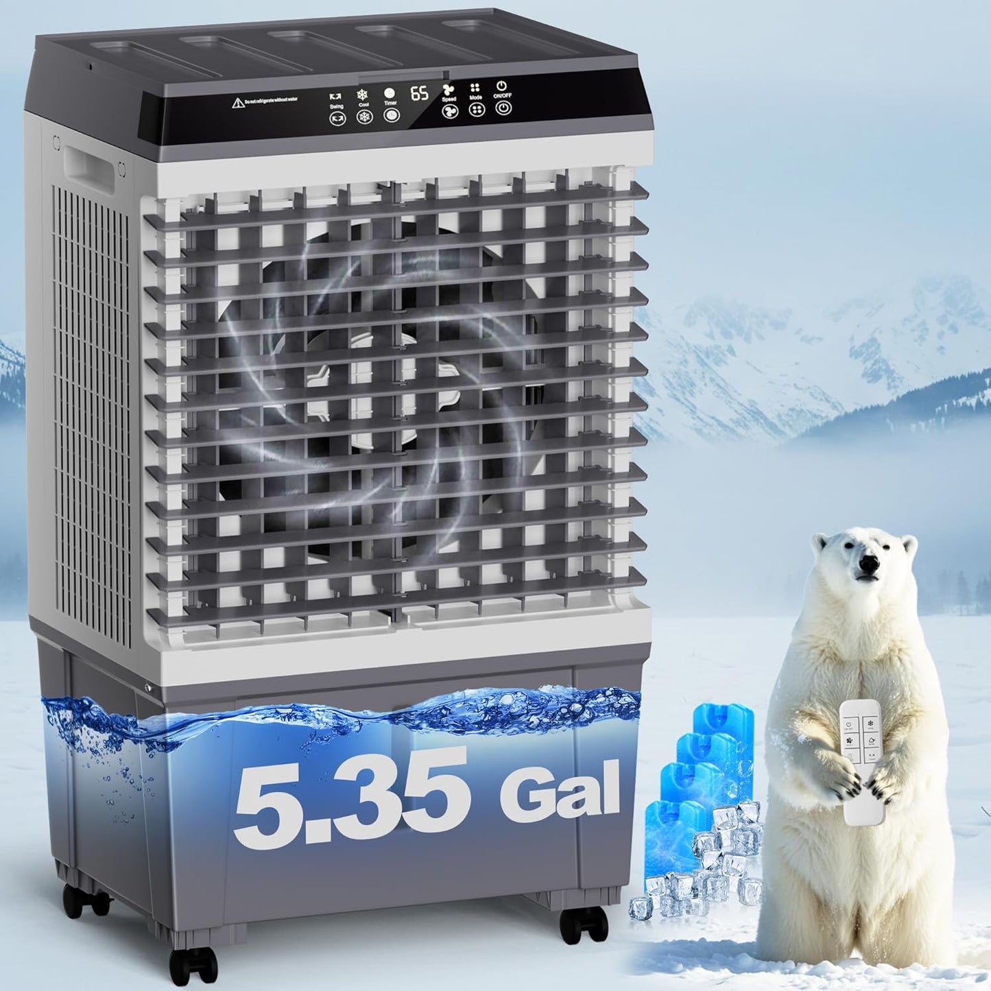 33IN Swamp Cooler,3-IN-1 Evaporative Air Cooler with 2025 New Upgraded Copper Motor,5.35Gal Water Tank,4 Ice Packs,12H Timer,Cooling Tower Fan for Indoor,Outdoor,Bedroom,Office,Room,Home