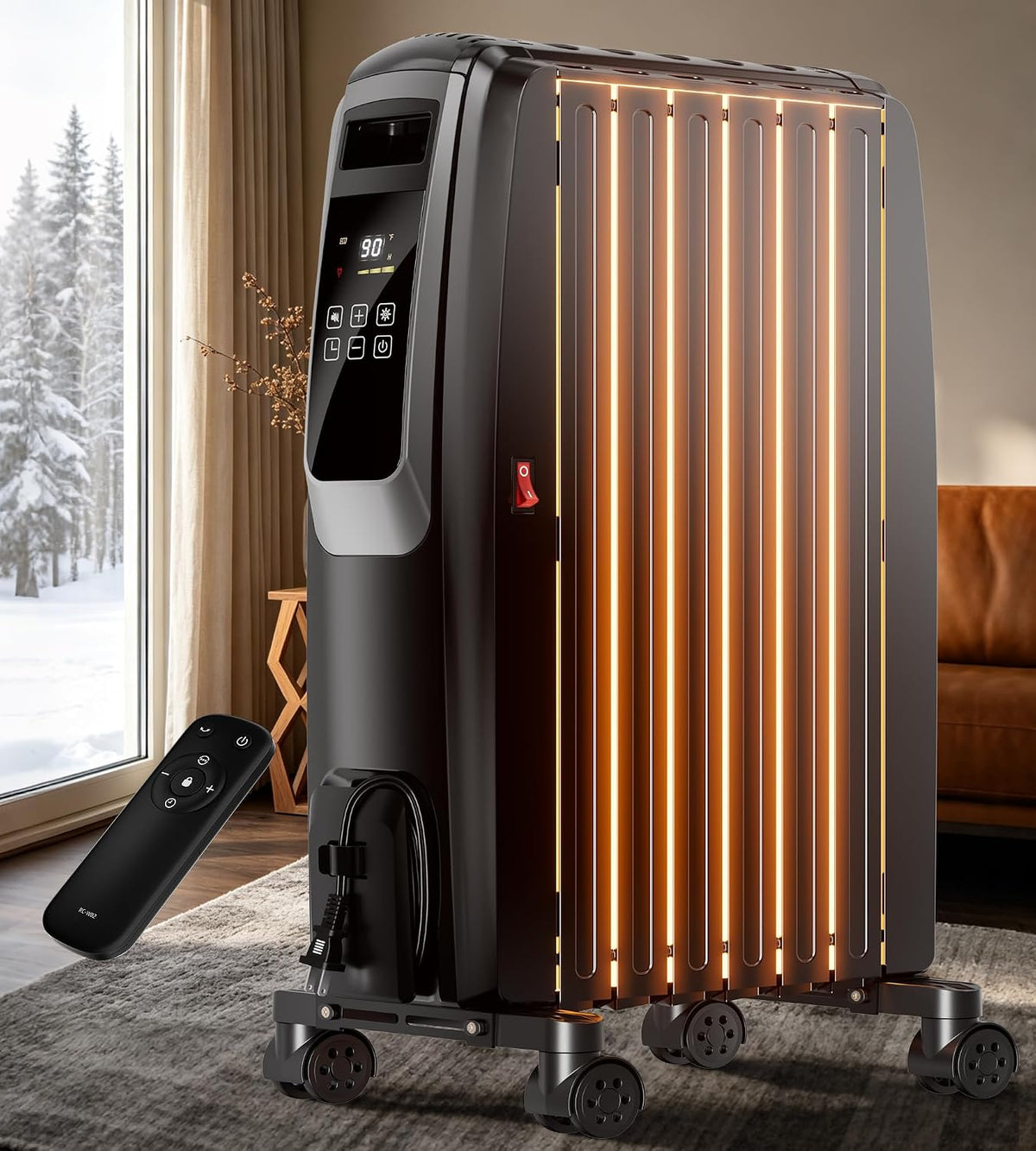 AKIRES Oil Filled Radiator Heater, 1500W Electric Radiator Heater with Thermostat, ECO Mode, 24H Timer, Tip-Over & Overheat Protection, Ultra-quiet, Space Heater for Large Room Bedroom Office, Black