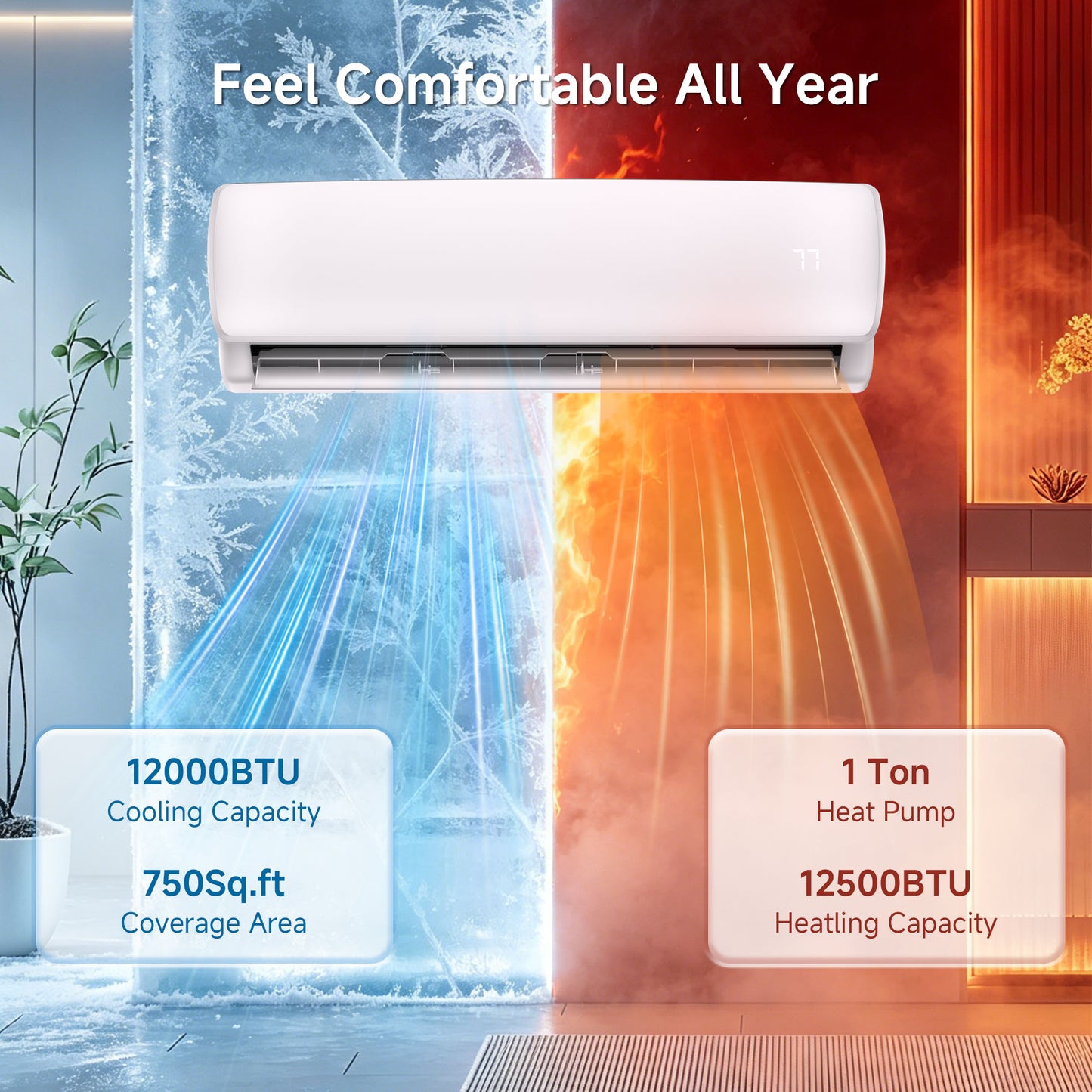 12000BTU Mini Split AC/Heating System, 19 SEER2 230V Energy Saving Air Conditioner Unit Cools Room up to 750 Sq. Ft, Ductless Inverter