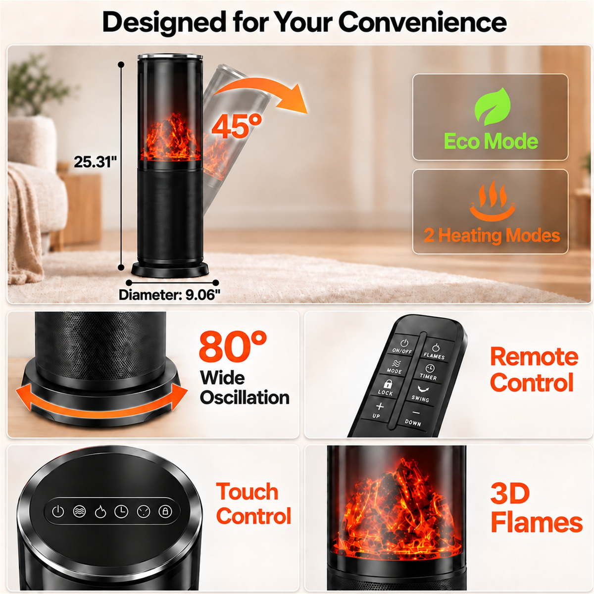 Space Heater, Electric Heaters for Indoor Use, Bedroom, Office with Remote, 24H Timer, ECO, Overheating & Tip-Over Protection