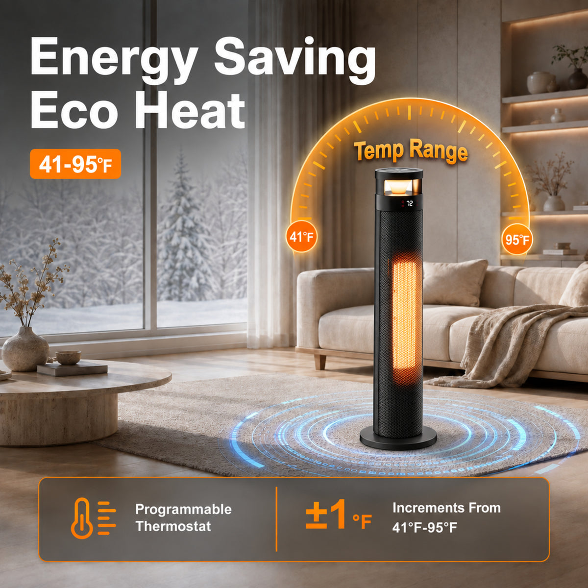 34" Space Heater for Indoor Use, 1500W Electric Heater with Remote, Timer, ECO, 450 Sq ft, Safety Protection for Large Bedroom, Living Room (Black)