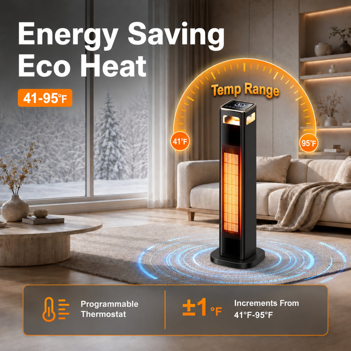 Space Heater for Indoor Use, 37" Electric Heater 1500W with Remote, Timer, ECO Mode, Safety Protection for Bedroom, Living Room