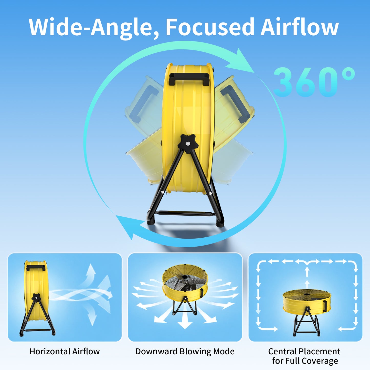 Industrial Drum Fan 24", High Velocity, 5650 CFM, 3-Speed, Heavy Duty Metal Fan for Commercial, Factory(Yellow+Black)