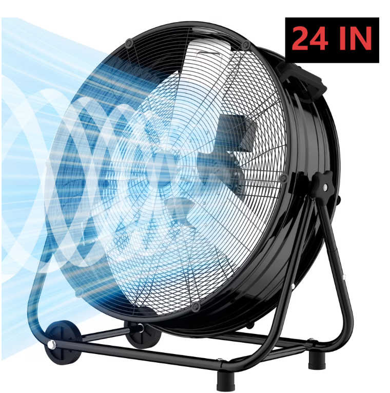 Industrial Drum Fan 24", High Velocity, 5650 CFM, 3-Speed, Heavy Duty Metal Fan for Commercial, Factory(Black)