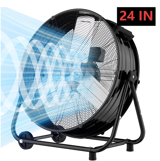 Industrial Drum Fan 24", High Velocity, 5650 CFM, 3-Speed, Heavy Duty Metal Fan for Commercial, Factory(Black)